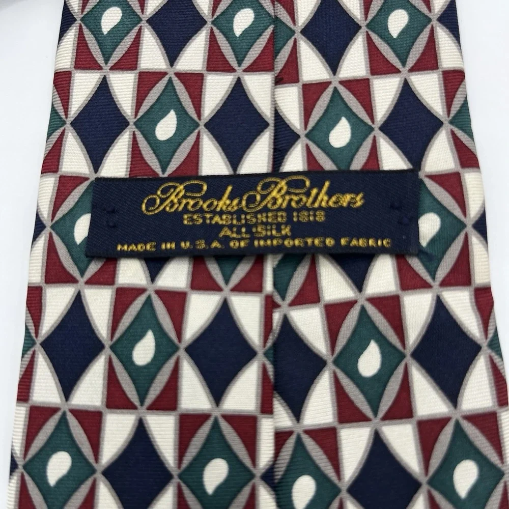 Brooks Brother USA Silk Tie Geometric Pattern Burgundy Green Black